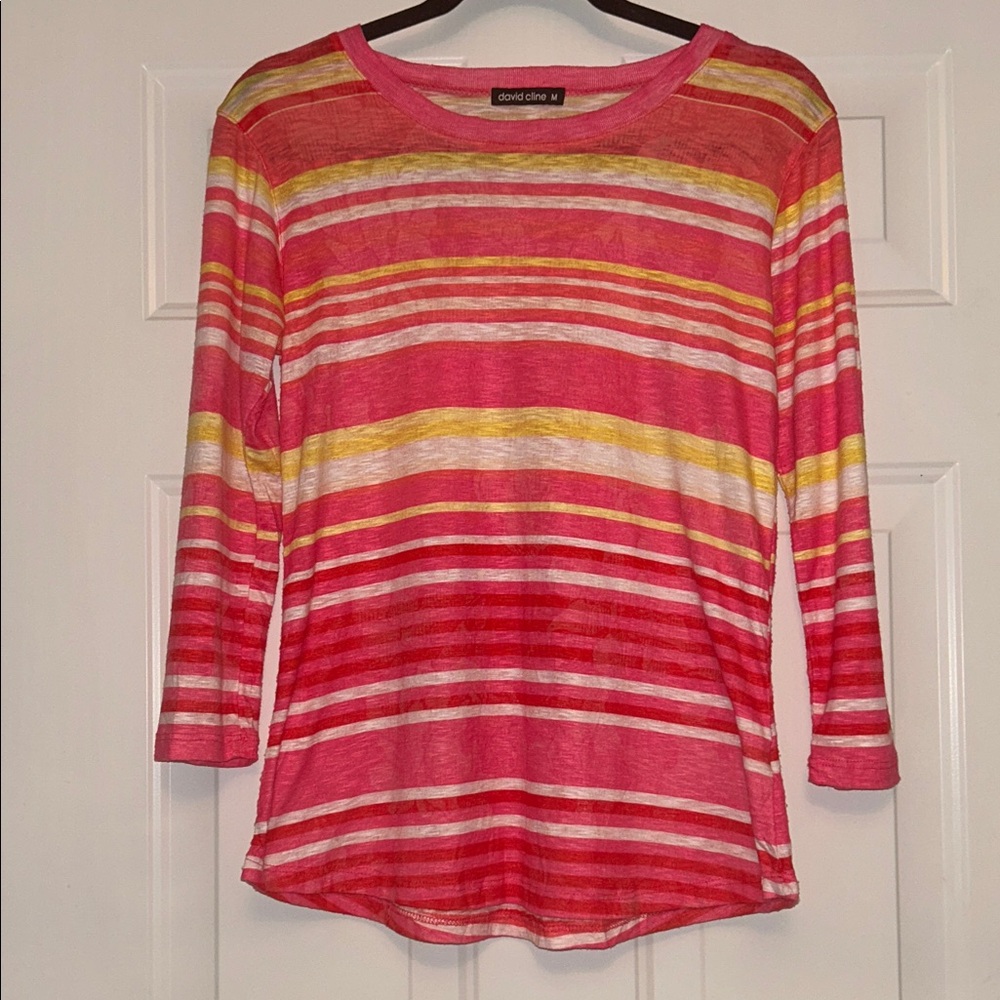 David Cline Women's Striped LS Top M Pink Yellow Spring Lightweight Basic